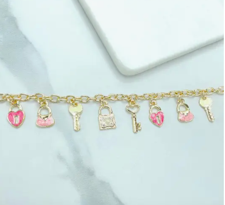 18K Gold Filled Pink Charm Bracelet