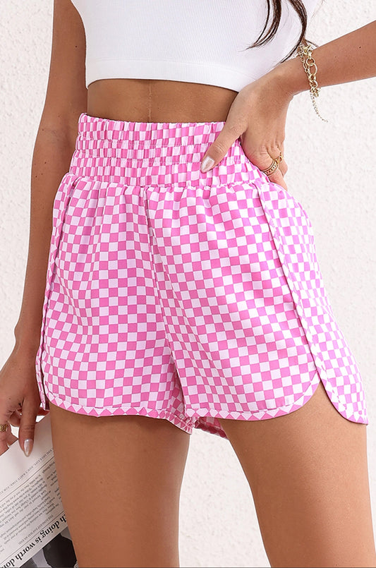 Pink Plaid High Waist Athletic Shorts