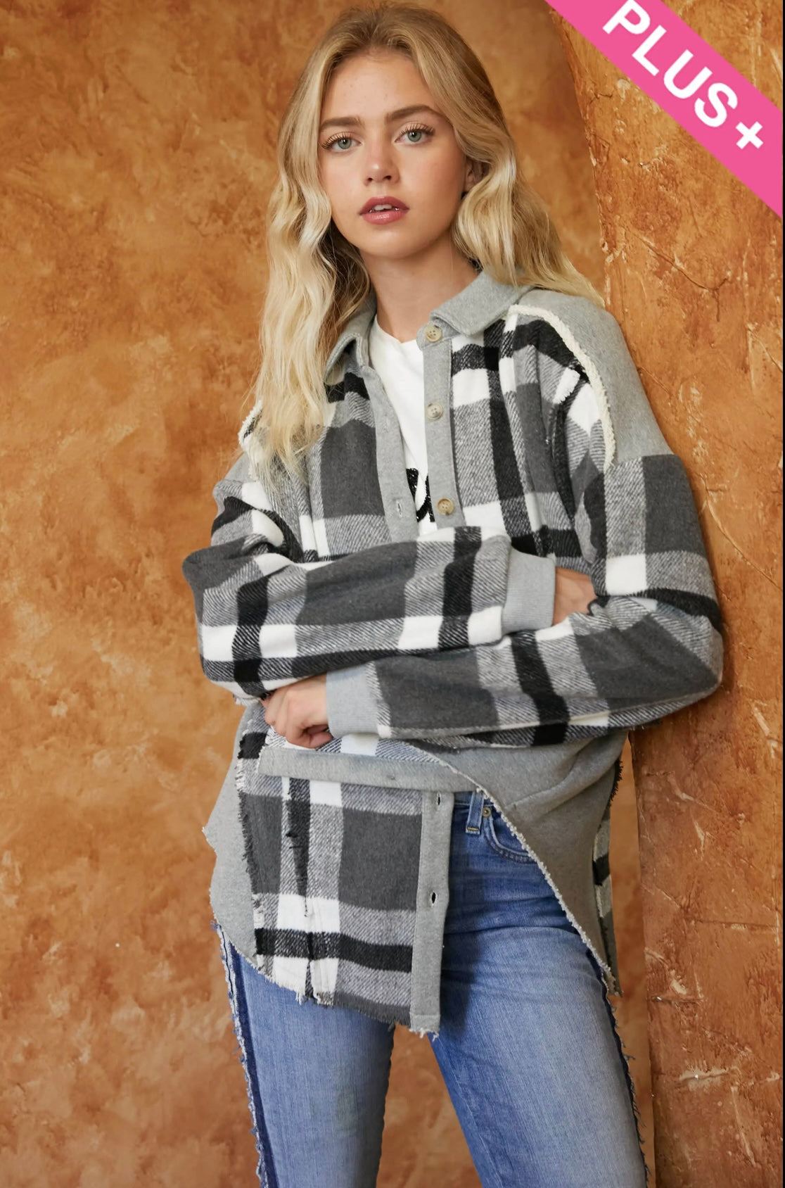 Plus Mixed Plaid Button Front Jacket