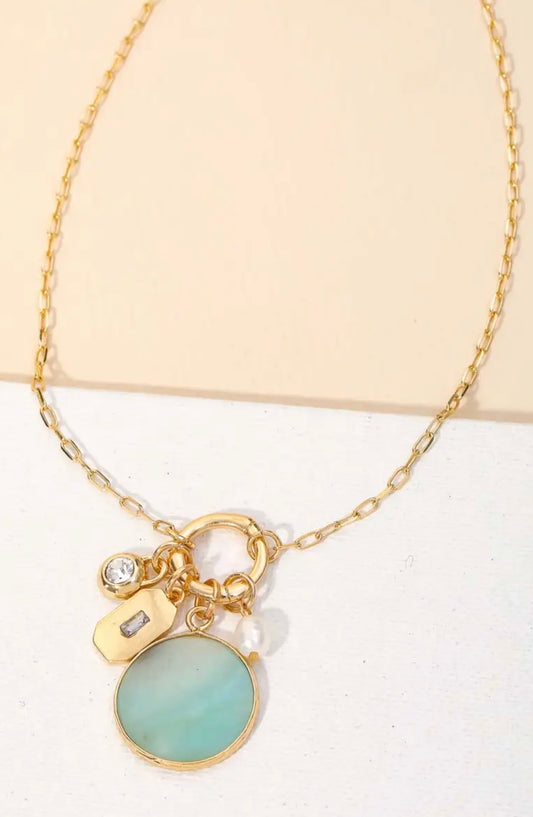 Semi Precious Stone Disc Charm Necklace