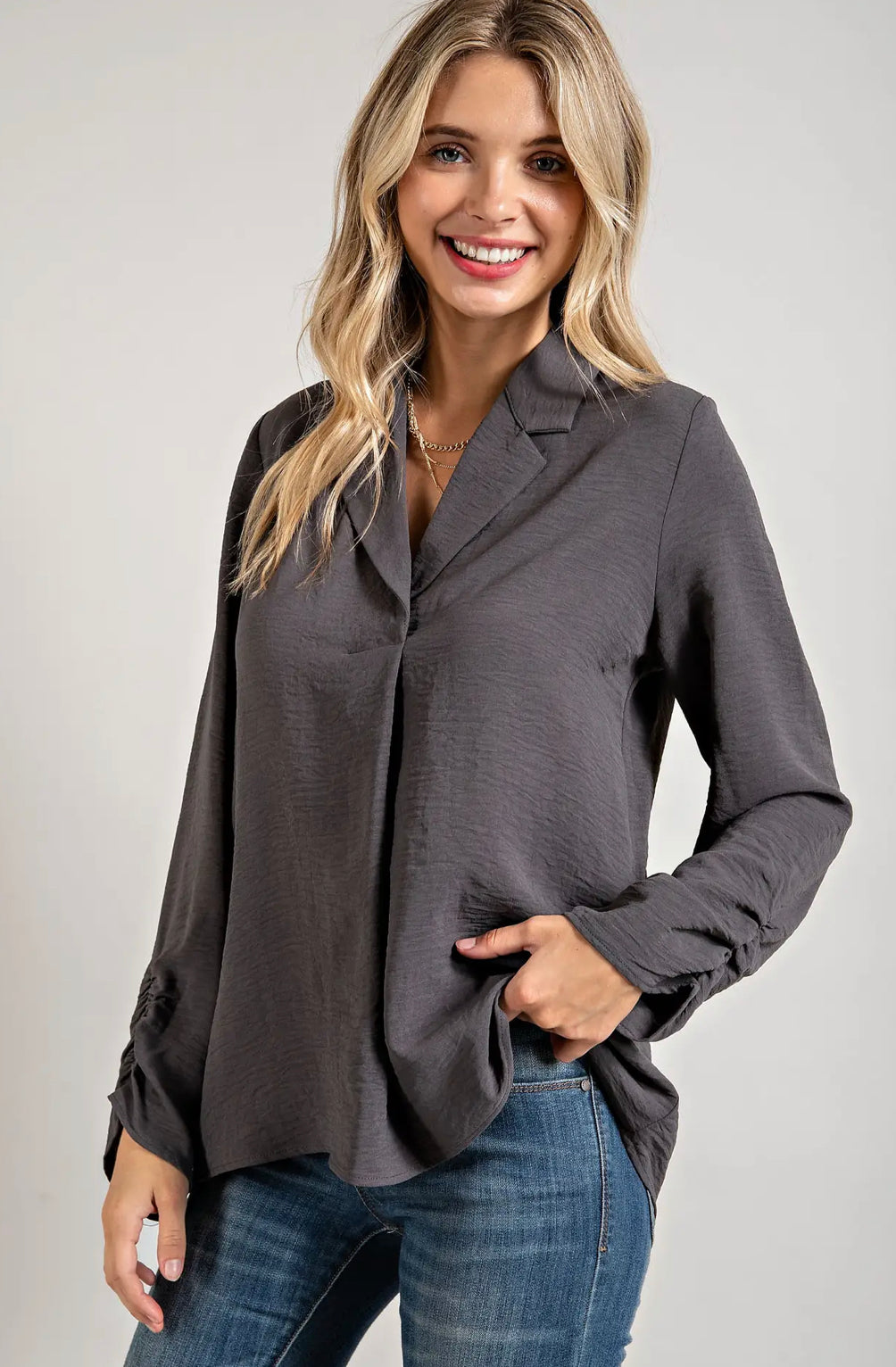 Collared Long Shirred Sleeve Top