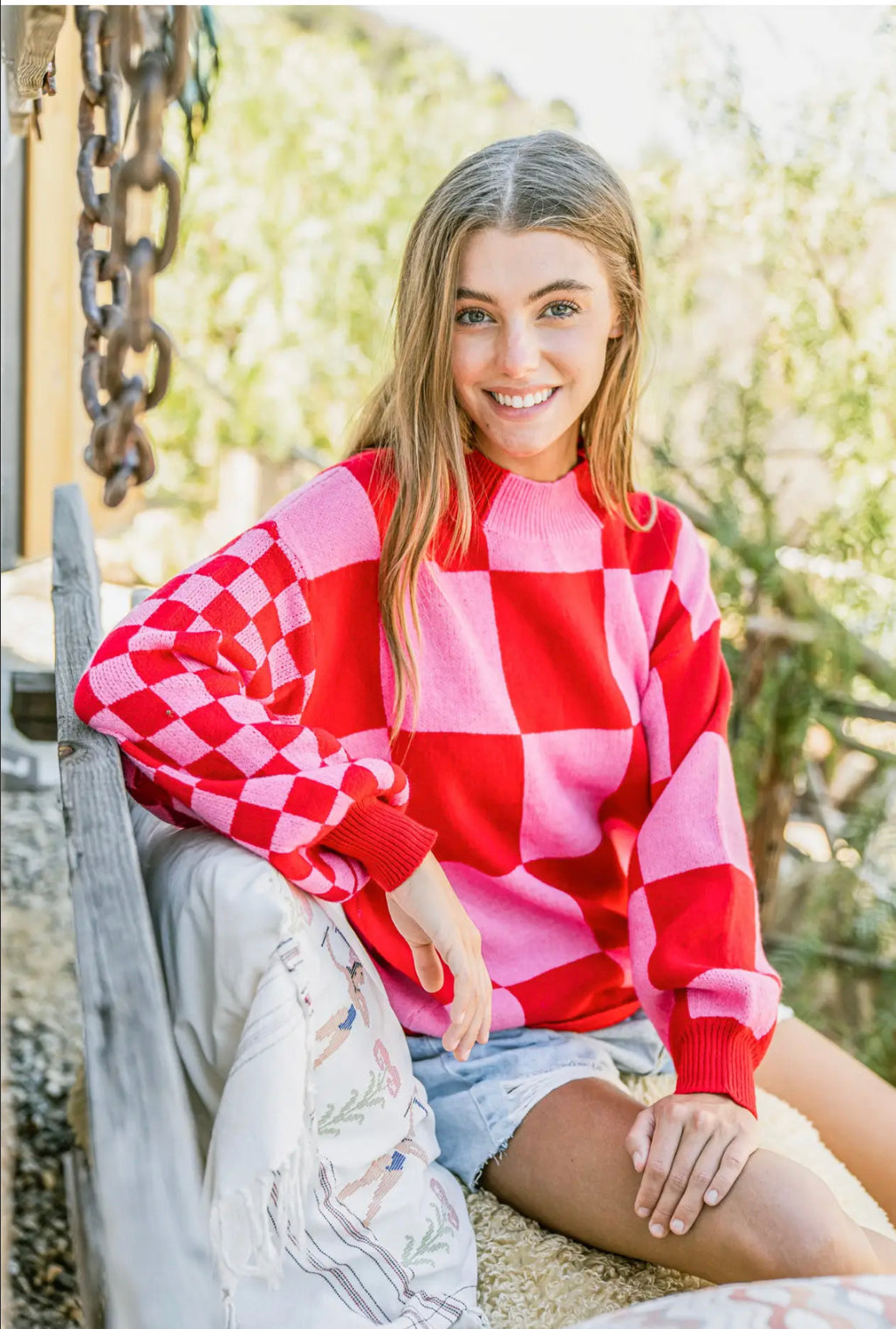 Checkerboard Print Pullover Sweater