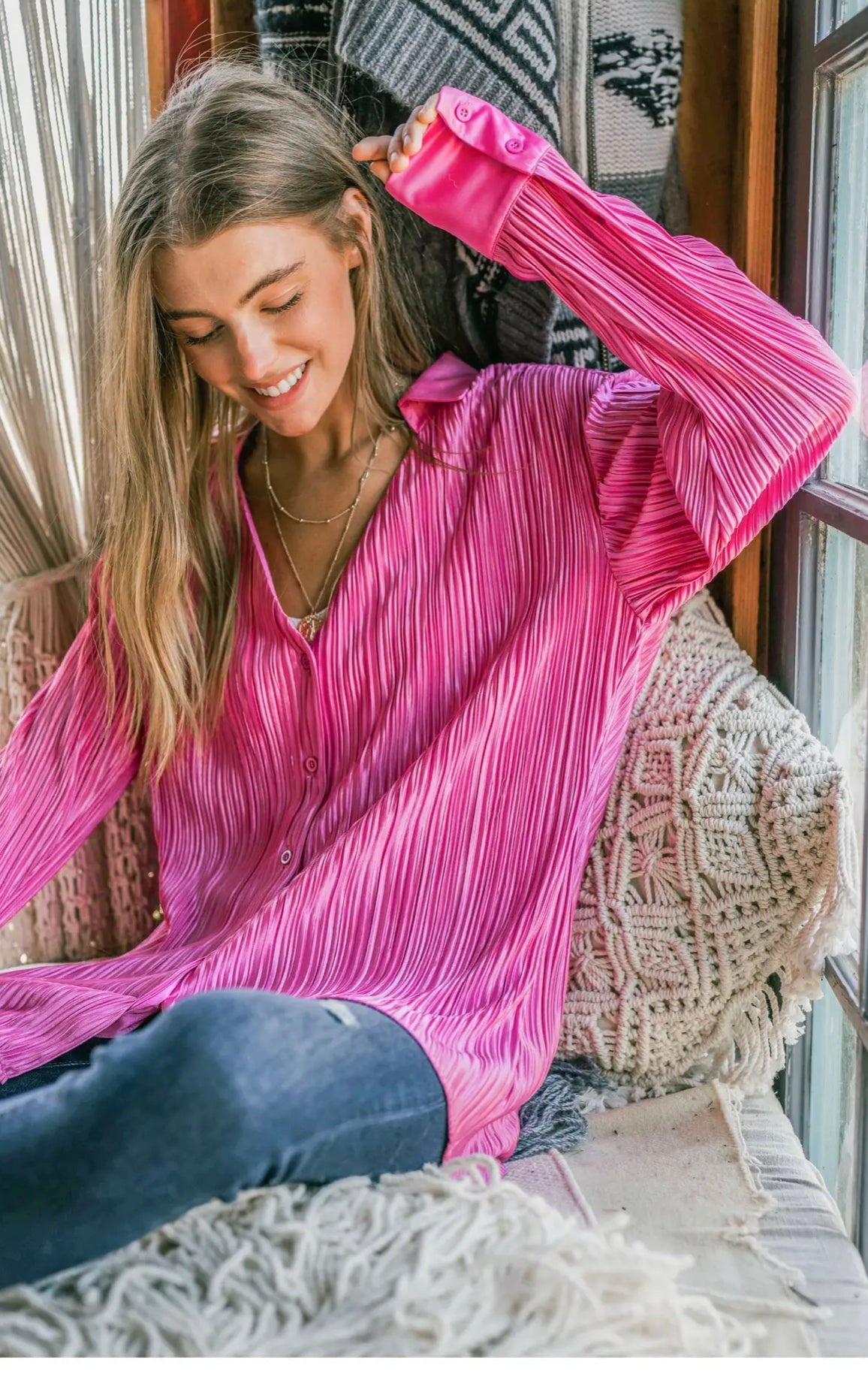 V Neck Pleated Long Sleeve Shirt